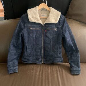 WOMENS - sz S Levi's Trucker jean jacket Sherpa Lined Zip Stretch Blue Denim